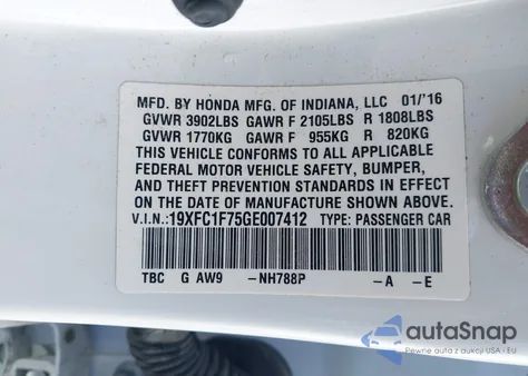 2016 Honda Civic Exl z USA, uszkodzony, nr VIN 19XFC1F75GE007412